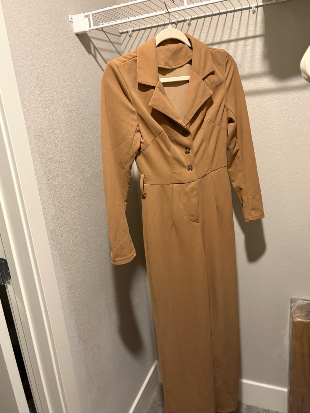 Women Long Sleeve Camel jumpsuit with Tailored Collar and optional belt size xs - Picture 2 of 11